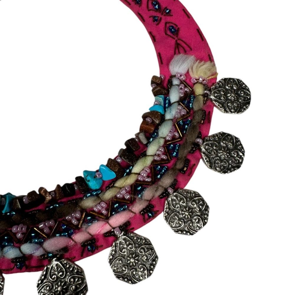 Boho Beaded Fabric Collar Necklace Embellished Coin Multicolor Pink Festival - Picture 4 of 7